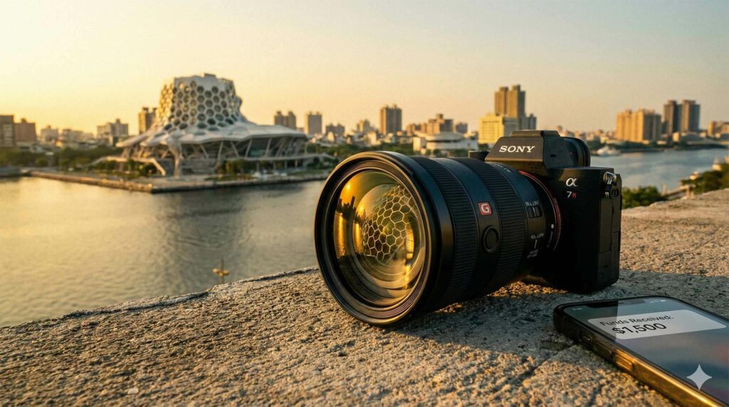 一台專業相機放置在看台上,鏡頭倒影出高雄流行音樂中心與愛河灣的夕陽美景,象徵旅遊攝影與哩程價值 / Professional camera placed on a ledge, lens reflecting the sunset view of Kaohsiung Music Center and Love River bay, symbolizing travel photography and mileage value.